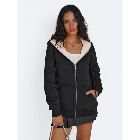 Womens Black Trendy Queen Zip Up Hoodie Fleece Lined Jacket Winter Sweatshirt - Picture 2 of 5